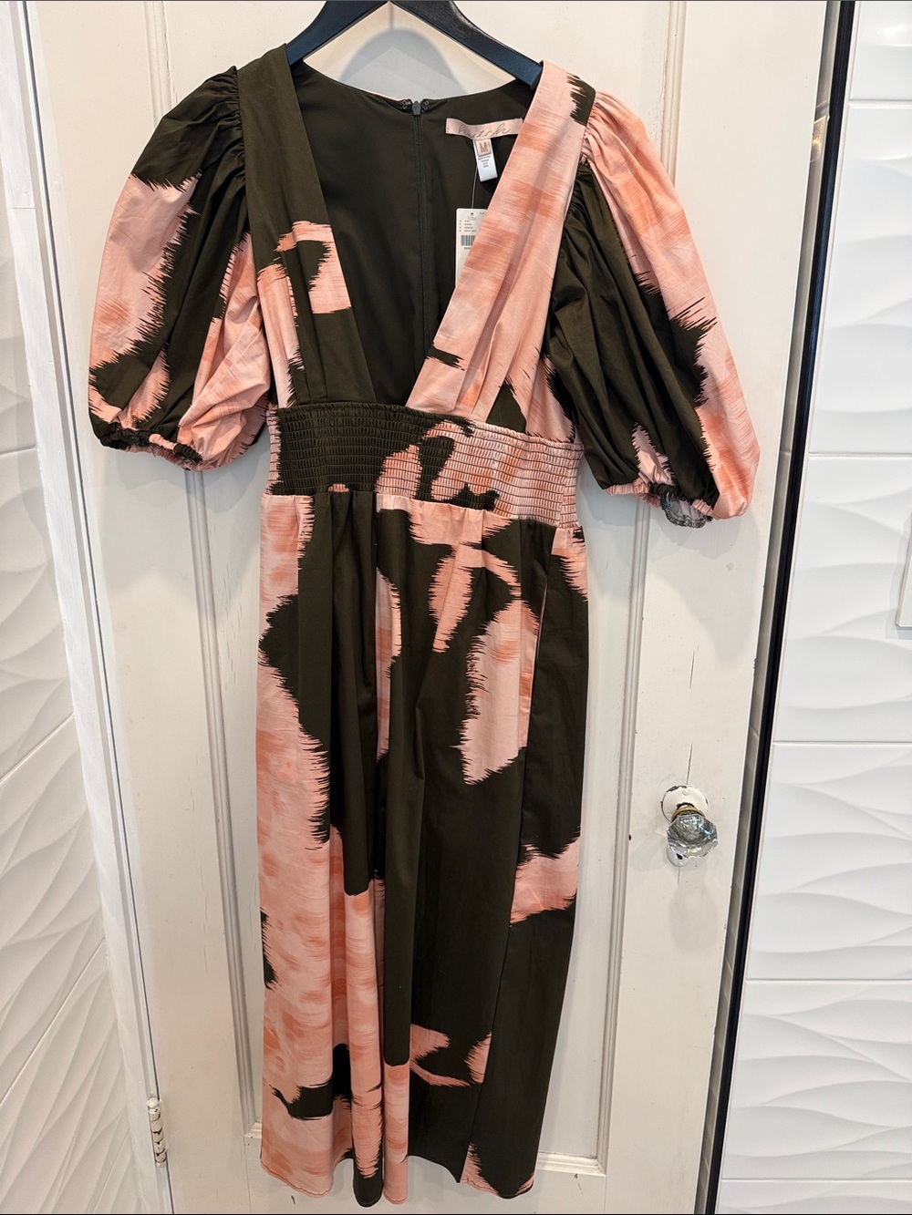 Hutch Pink & Green Deep V Puff-Sleeve Wide-Leg Jumpsuit